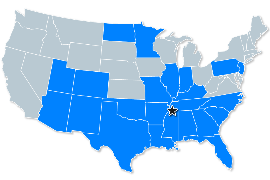 A map of the United States with Upchurch's headquarters highlighted